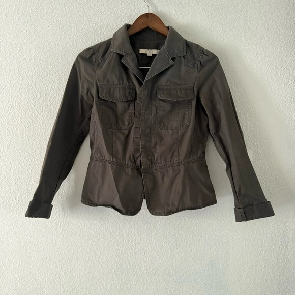 Utility Jacket Gray Ruffle Button Up Feminine Office Size 2 Anne Taylor Loft - Picture 9 of 11